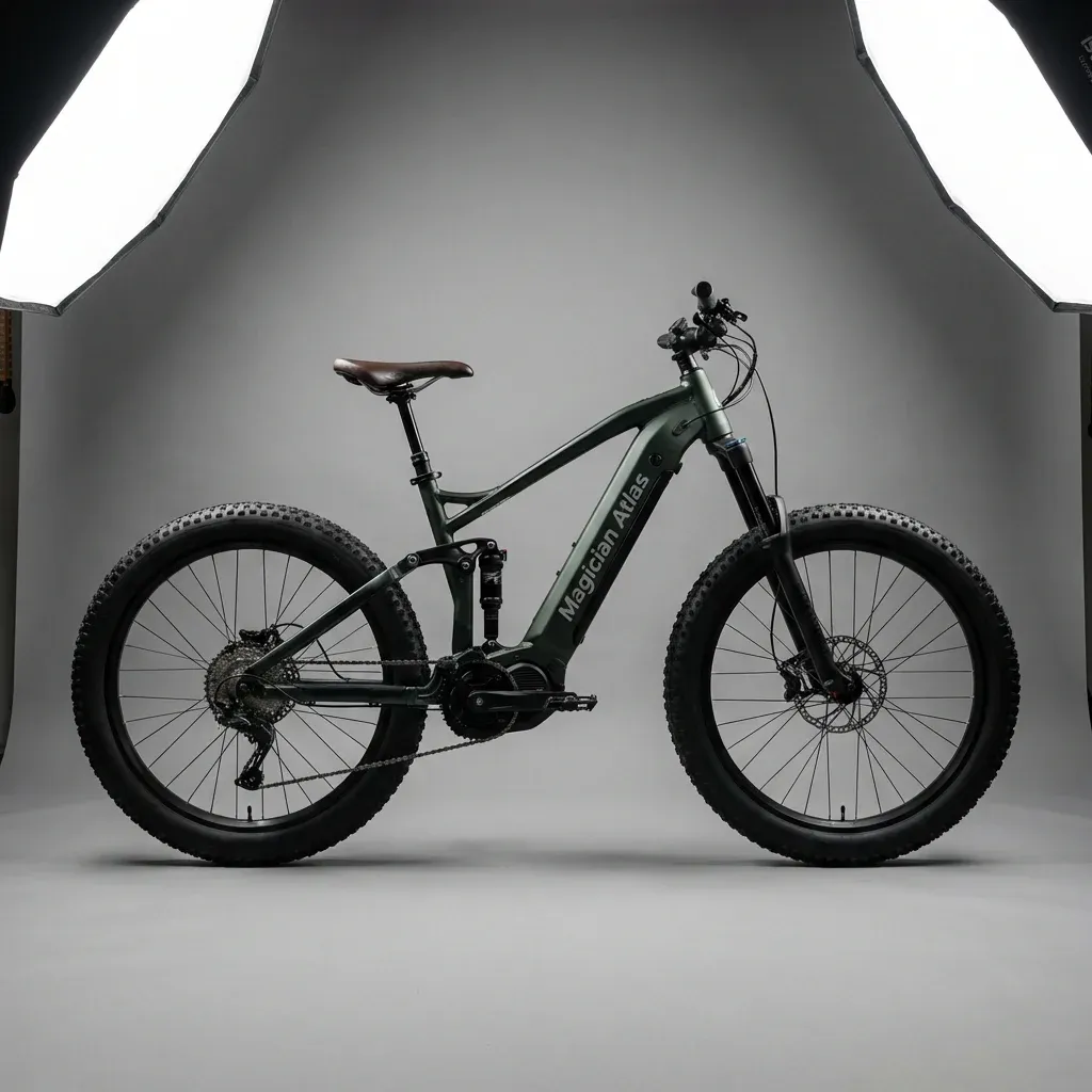 Magician Atlas: Side profile adventure eBike featuring a rugged frame and long-range battery.