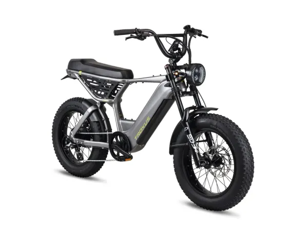 Troxus Scrambler: Side profile electric bike featuring a rugged adventure chassis and fat tires.