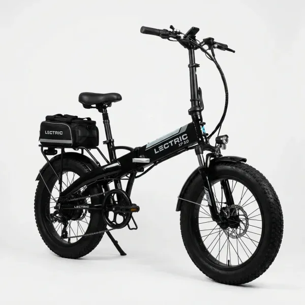 Lectric XP 3.0: Side profile folding eBike in black featuring a 1000W peak motor and rear rack.