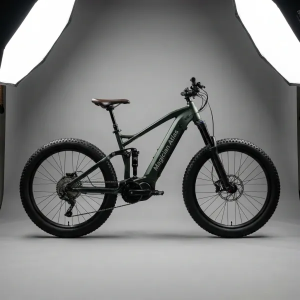 Magician Atlas: Side profile adventure eBike featuring a rugged frame and long-range battery.