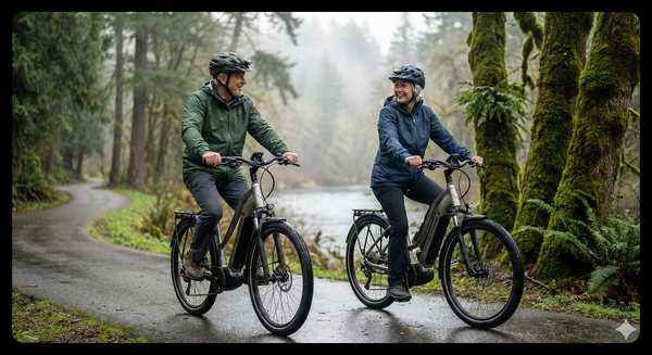 A smiling older couple wears helmets and jackets while riding electric bicycles on a wet, paved trail through a lush, mossy forest with a misty river in the background